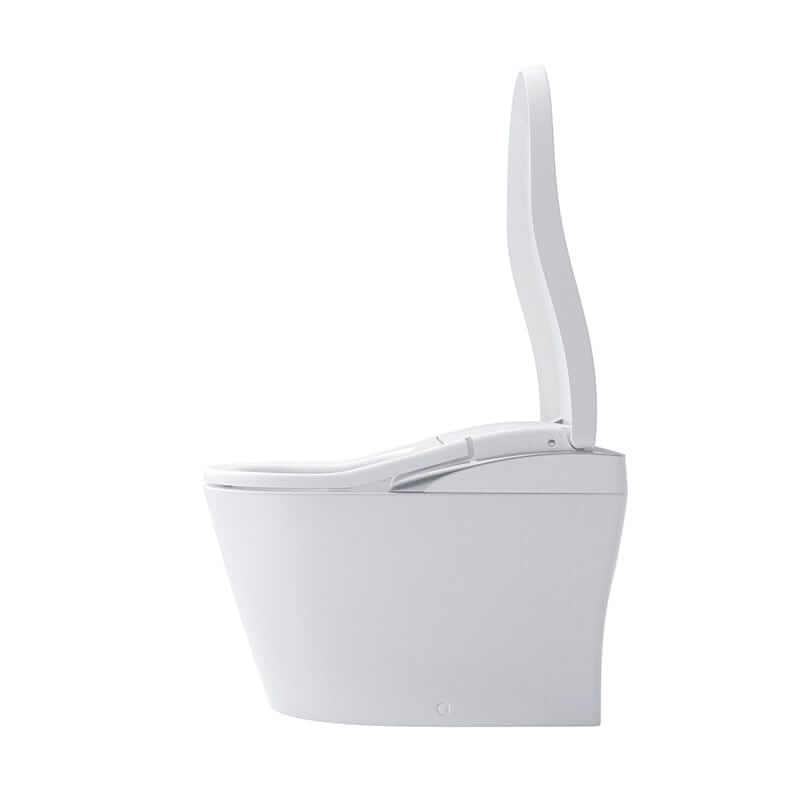 Side view of the TOTO Neorest LS bidet toilet with a sleek modern design and raised lid.