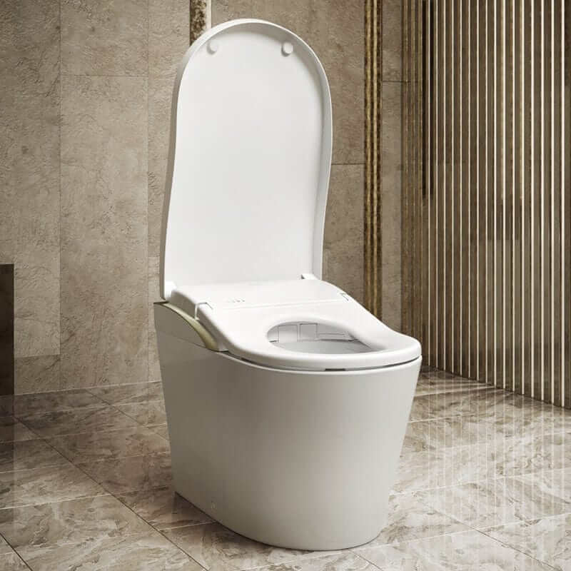 TOTO Neorest LS Bidet Toilet - White toilet in a bathroom with tiled walls and floor