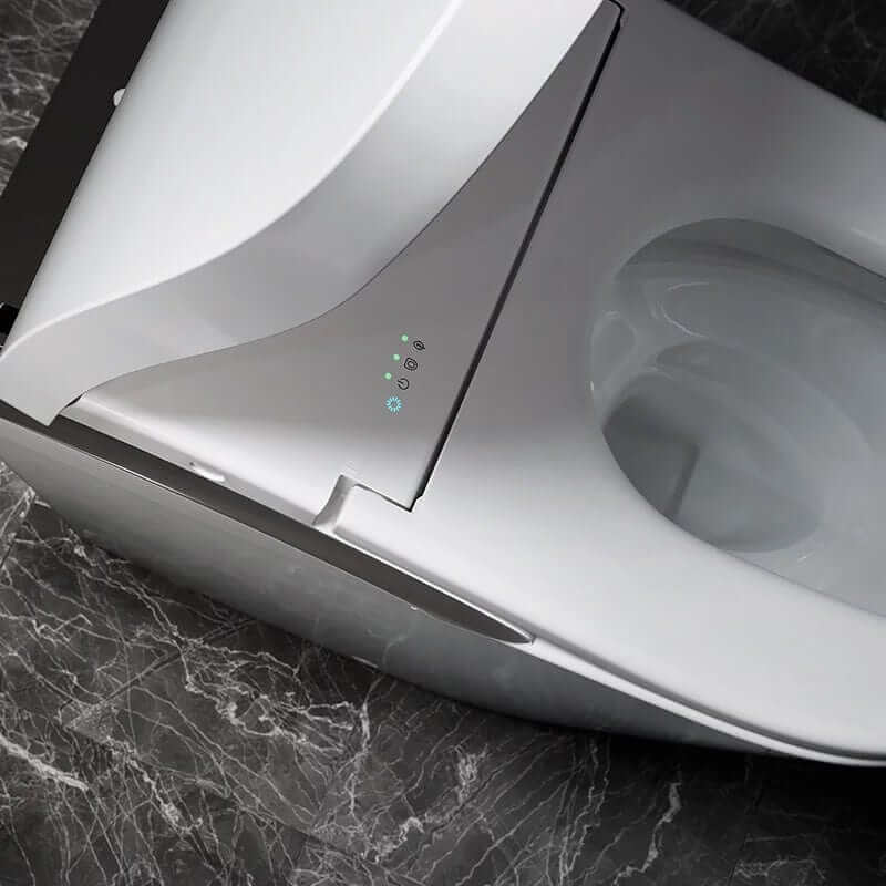 TOTO Neorest LS Bidet Toilet displaying modern design with EWATER+, TORNADO FLUSH, heated seat, and controls on marble flooring.