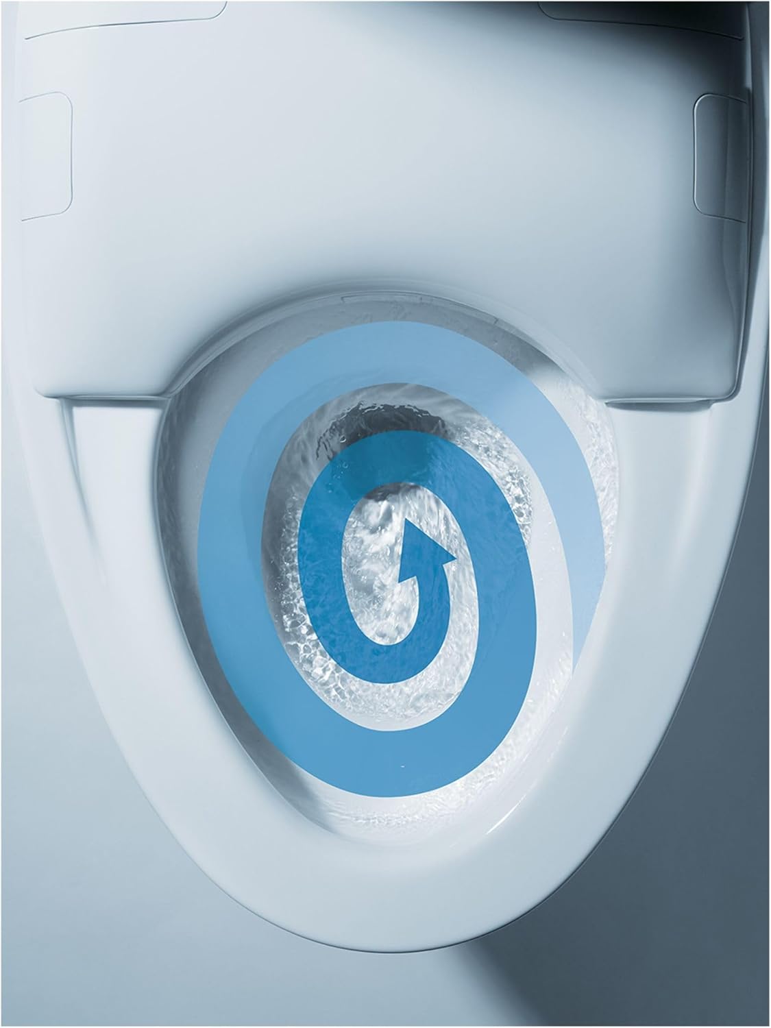 TOTO Neorest NX1 Dual Flush Bidet Toilet - Close-up of a toilet seat with a blue circular tornado flush motion on a light gray background