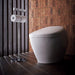 TOTO NEOREST NX2 Dual-Flush Toilet - Modern toilet with a roll of toilet paper on a stand against a wooden tiled wall.