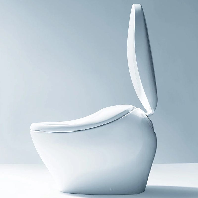 TOTO Neorest NX2 dual flush bidet toilet with open lid, showcasing sleek design and efficiency with 1.0 & 0.8 GPF options.