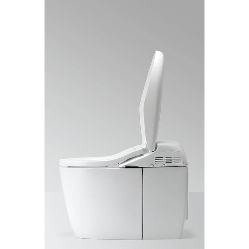 TOTO Neorest RH Dual Flush Integrated Bidet Toilet, side view, showcasing modern design and functionality, 1.0 GPF & 0.8 GPF efficiency.