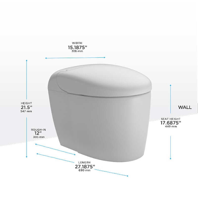 Dimensions of TOTO Neorest RS Dual Flush Bidet Toilet including width, height, and seat details.