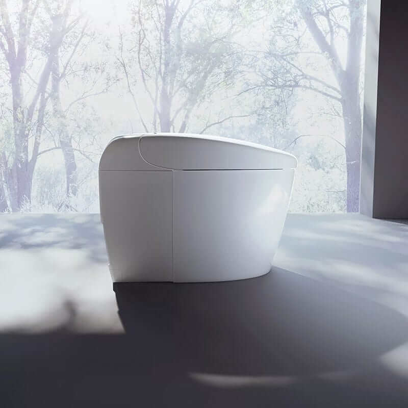 TOTO Neorest RS Bidet Toilet - White toilet on a reflective floor with a snowy landscape in the background