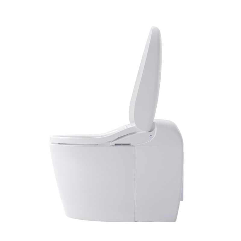 Side view of TOTO Neorest RS Dual Flush Bidet Toilet with open lid, emphasizing sleek design and functionality.