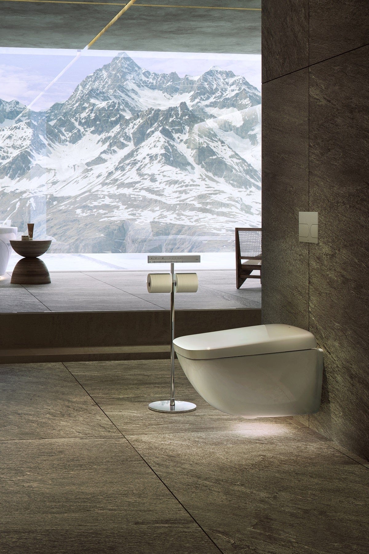 Luxurious TOTO Neorest WX1 wall-hung bidet toilet in a modern bathroom with a scenic mountain view.