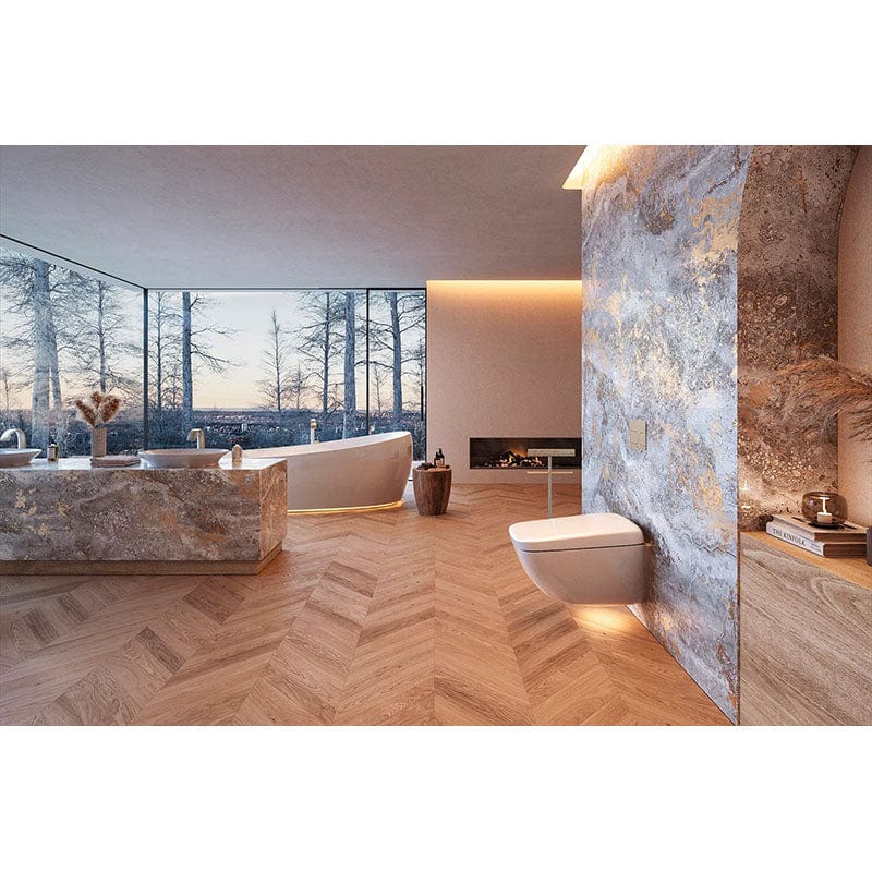 Luxury bathroom with TOTO Neorest WX1 wall-hung bidet toilet, featuring modern design and large windows overlooking scenic view.