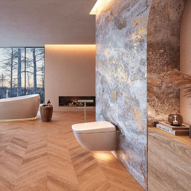 TOTO NEOREST® WX1 Wall-Hung Toilet - Modern bathroom with wooden floor, marble wall, and fireplace.