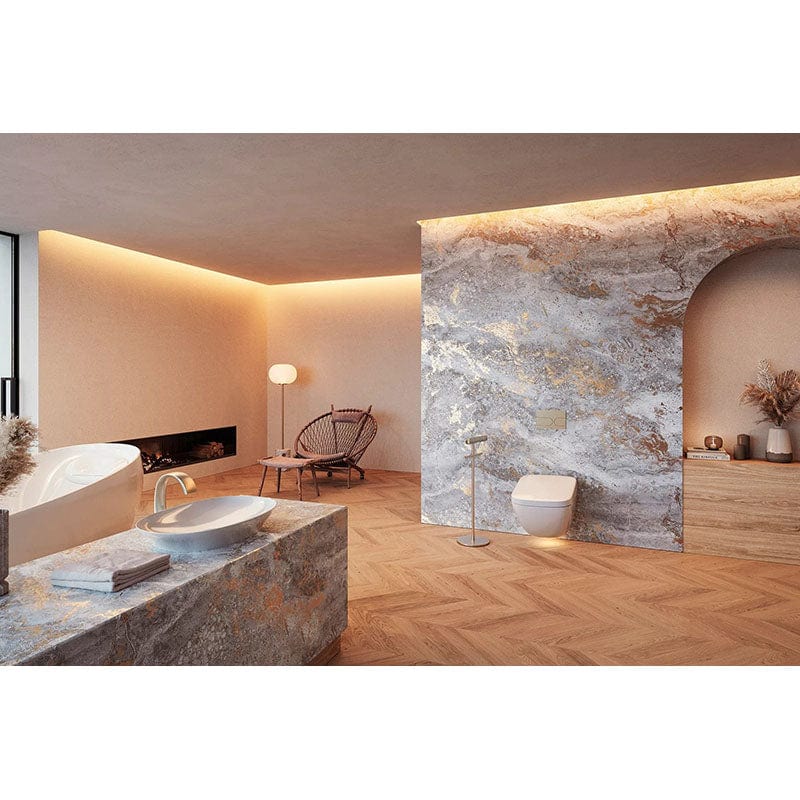 Luxurious bathroom featuring TOTO Neorest WX2 Wall Hung Bidet Toilet with modern design and elegant stone wall accents.