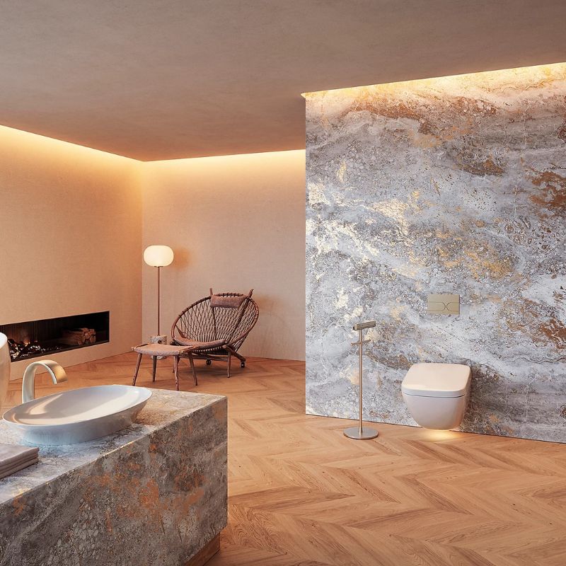 TOTO NEOREST® WX2 Wall-Hung Toilet - Modern bathroom with stone walls, wooden floor, and minimal decor.