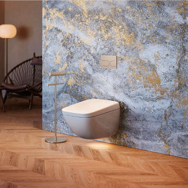 TOTO NEOREST® WX2 Wall-Hung Toilet - Modern toilet in a bathroom with marble wall and wooden floor