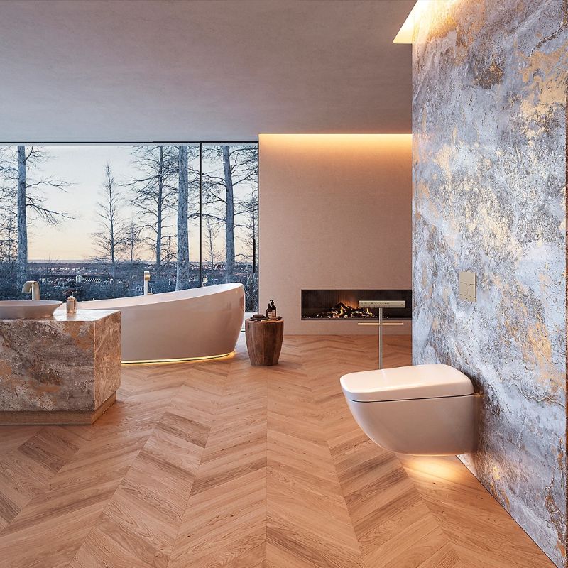 TOTO NEOREST® WX2 Wall-Hung Toilet - Modern bathroom with freestanding bathtub, wooden floor, and wall-mounted toilet.
