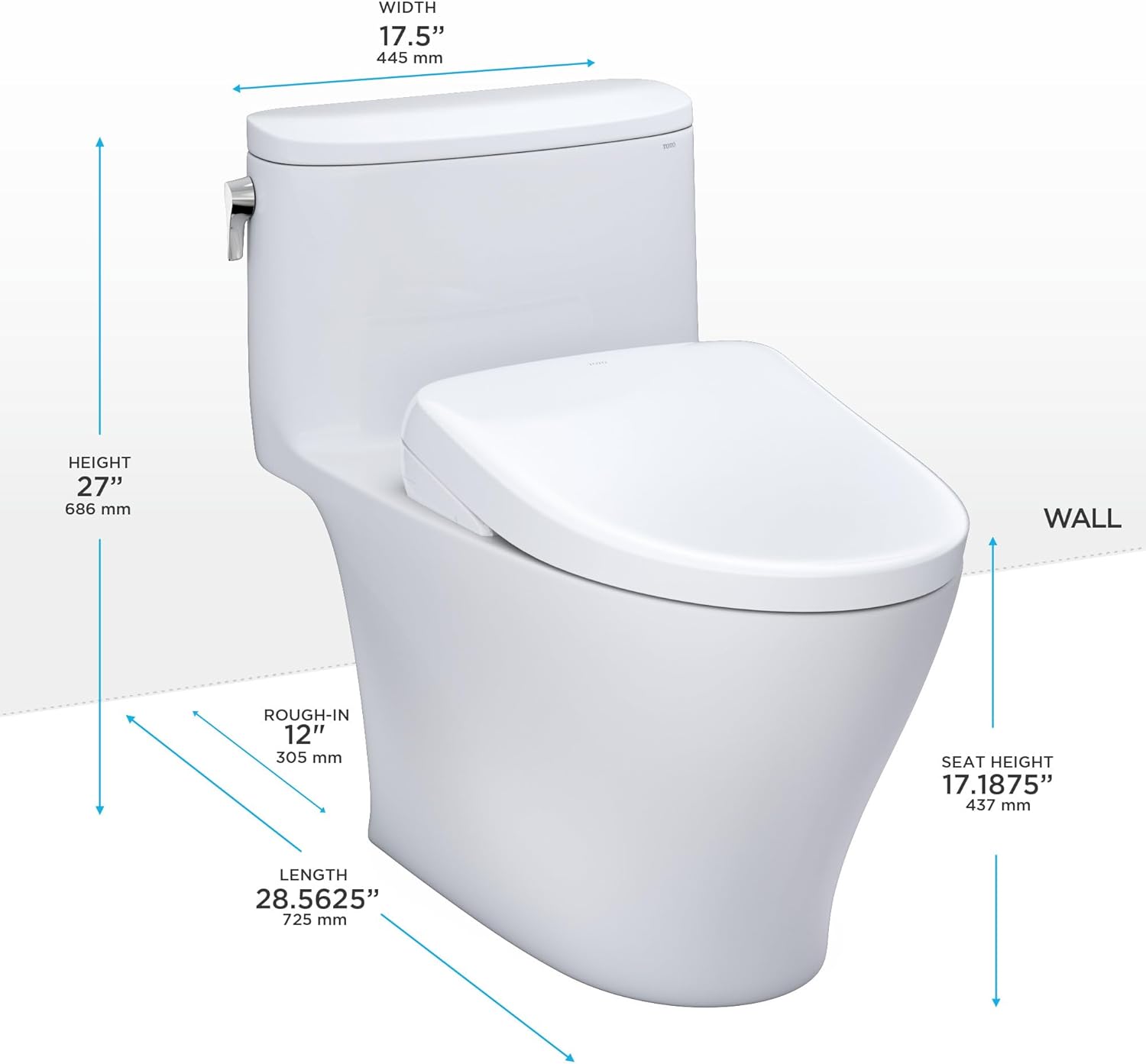 TOTO Nexus 1G WASHLET+ S2 One-Piece Toilet - White toilet with dimensions labeled on a white background