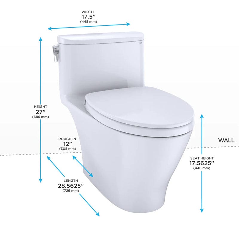 TOTO Nexus One-Piece Toilet with dimensions, WASHLET+ Ready, white design, measures 27" height, 17.5” width, and 28.5625” length.