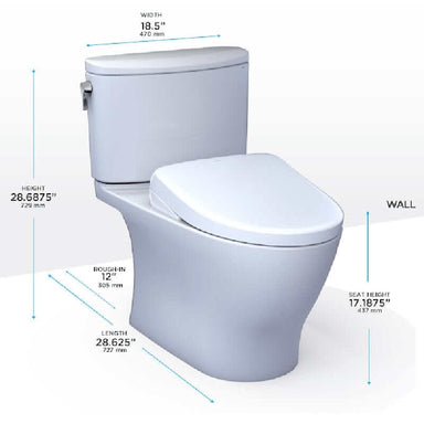 TOTO Nexus Washlet + S7 Two-Piece 1.0 GPF - White toilet with dimensions labeled on a white background