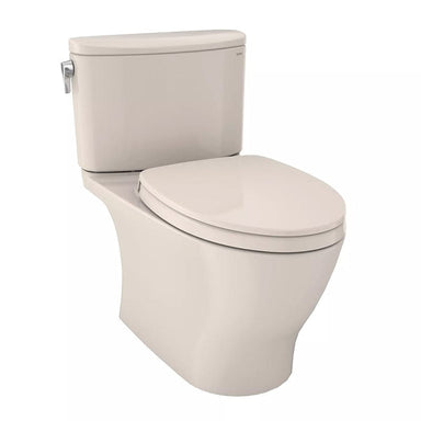 TOTO Nexus two-piece elongated 1.28 GPF universal height toilet with a modern design, beige color.