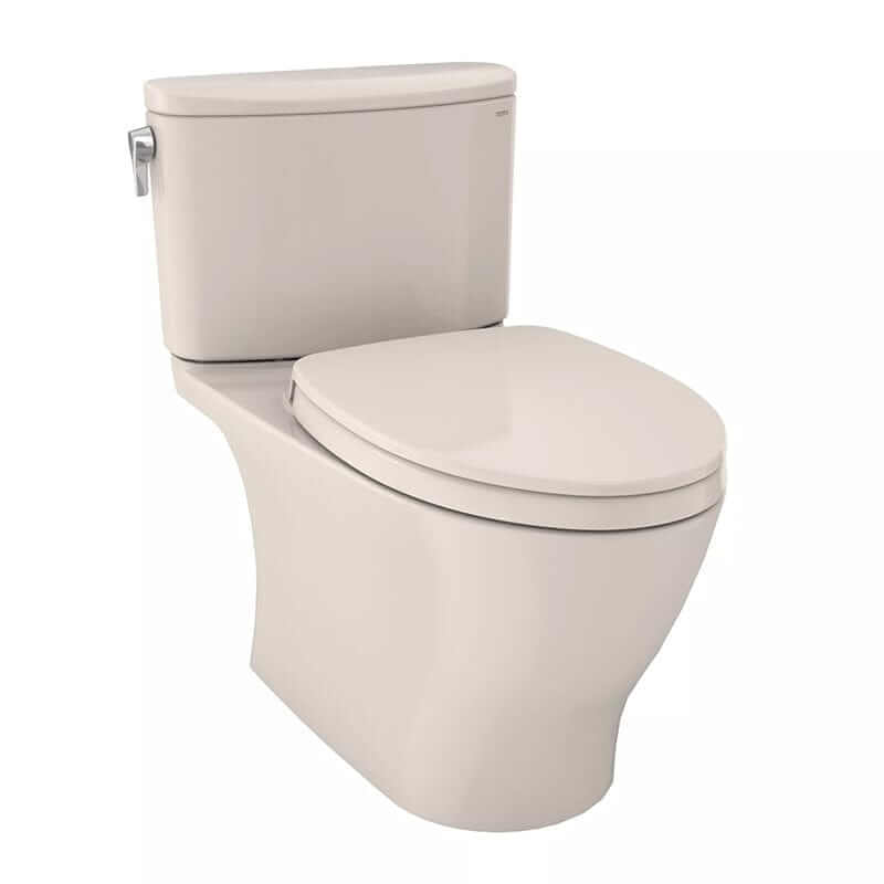 TOTO Nexus Two-Piece Elongated Universal Height Toilet - Beige toilet with closed lid on a white background