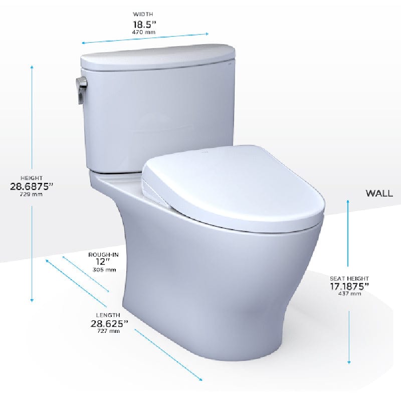 TOTO Nexus Washlet + S7 Two-Piece 1.0 GPF with dimensions, including height, width, and length displayed on the image.