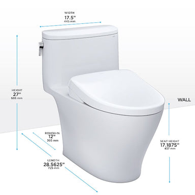 TOTO Nexus Washlet + S7 One Piece 1.28 GPF toilet with dimensions diagram showing width, length, height, and rough-in.