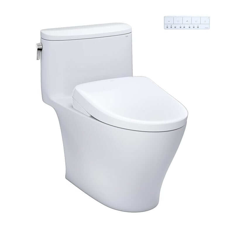 TOTO Nexus Washlet+ S7 One Piece 1.28 GPF - White toilet and a control panel on a white background