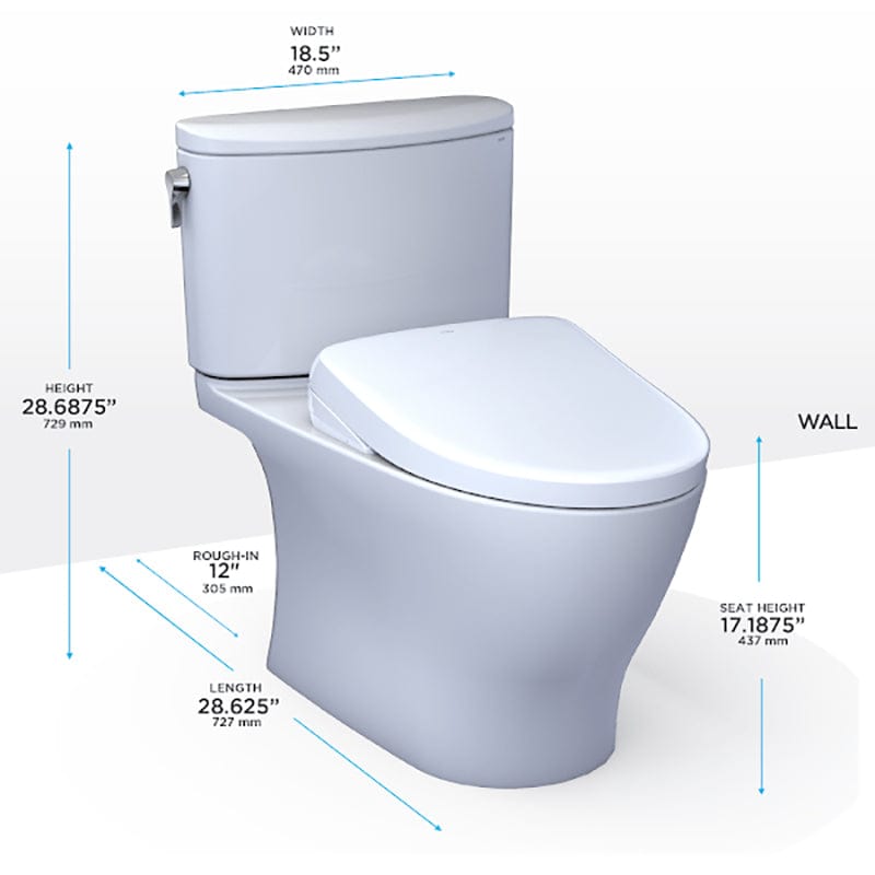 TOTO Nexus Washlet + S7 two-piece toilet with measurements for width, height, and depth shown.