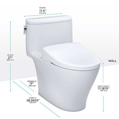 TOTO Nexus Washlet+ S7A One-Piece - White toilet with dimensions labeled on a white background