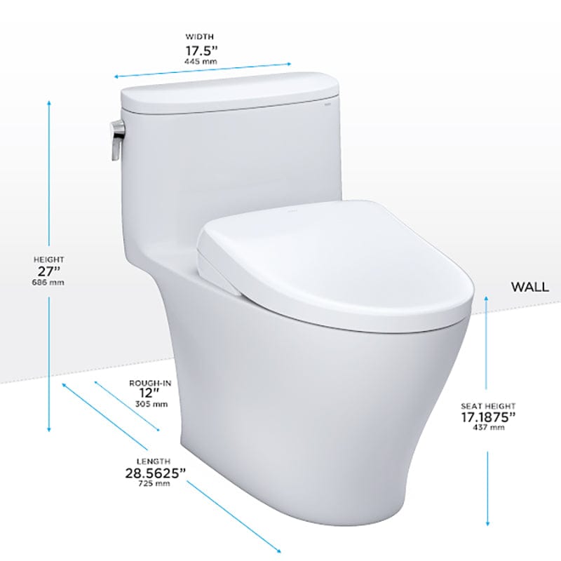 TOTO Nexus Washlet+ S7A One-Piece Toilet with dimensions, showcasing 1.28 GPF efficiency, white design and seat height specification.