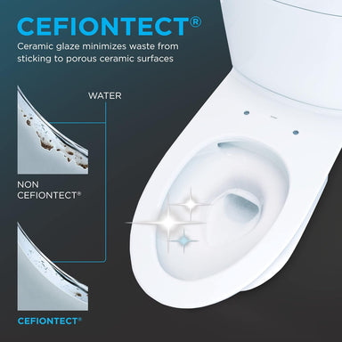 Toto Nexus WASHLET + S2 Two-Piece Toilet - 1.28 GPF - Toilet with Cefiontect technology illustration showing waste minimization on a dark background