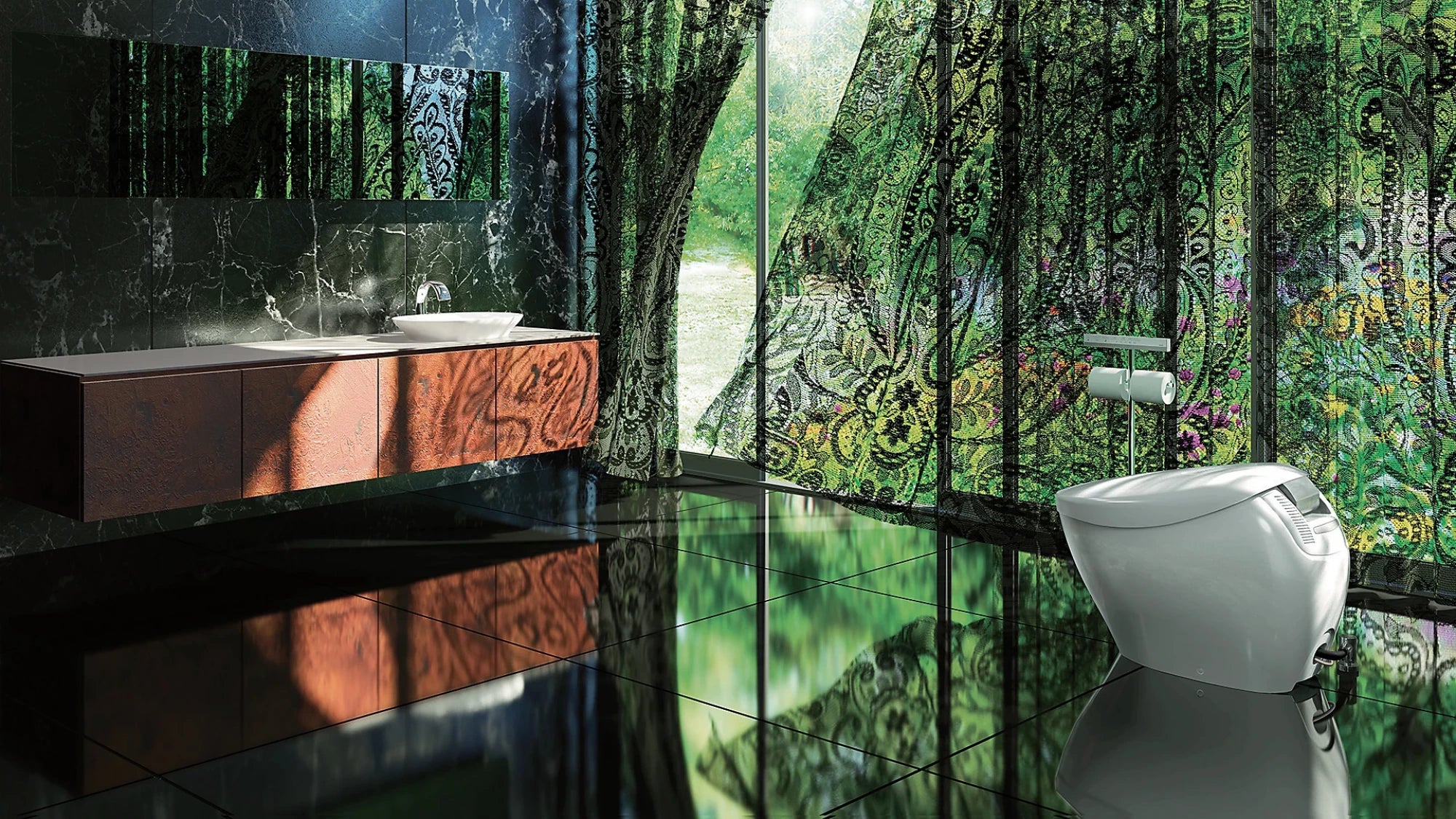 Modern bathroom with a large mirror reflecting a forest scene.