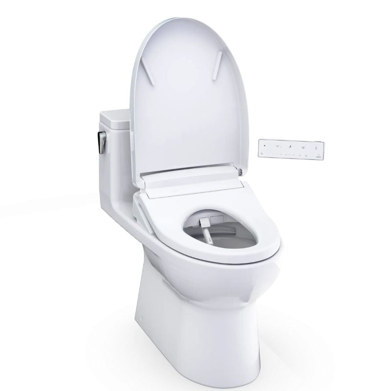 TOTO Redington 1G WASHLET+ One-Piece Toilet - 1.0 GPF - White toilet with open lid on a white background