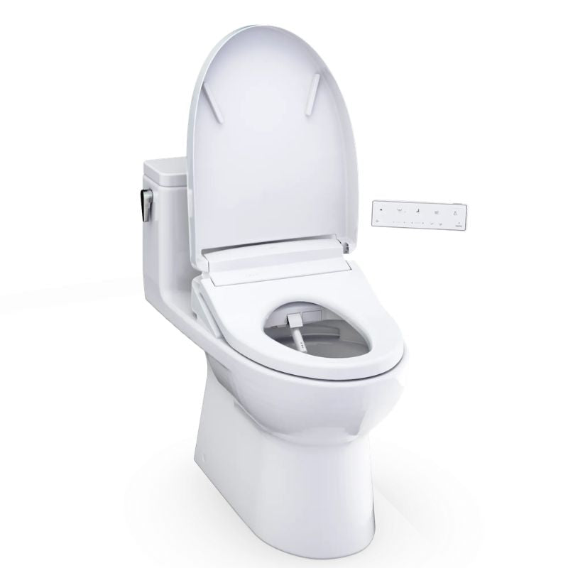 TOTO Redington WASHLET+ One-Piece Toilet - 1.28 GPF - White toilet with open lid on a white background