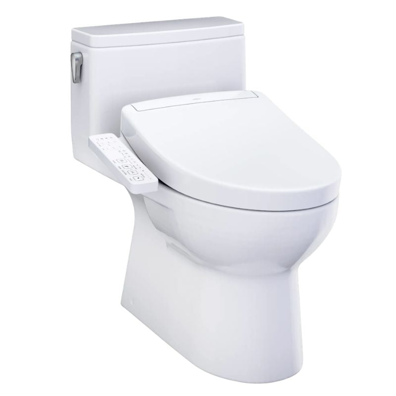 TOTO Redington WASHLET+ S2 One-Piece Toilet - White toilet with bidet attachment on a white background