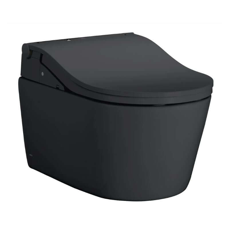 TOTO RP WASHLET+ RW Wall-Hung Toilet - Black toilet bowl with seat on a white background