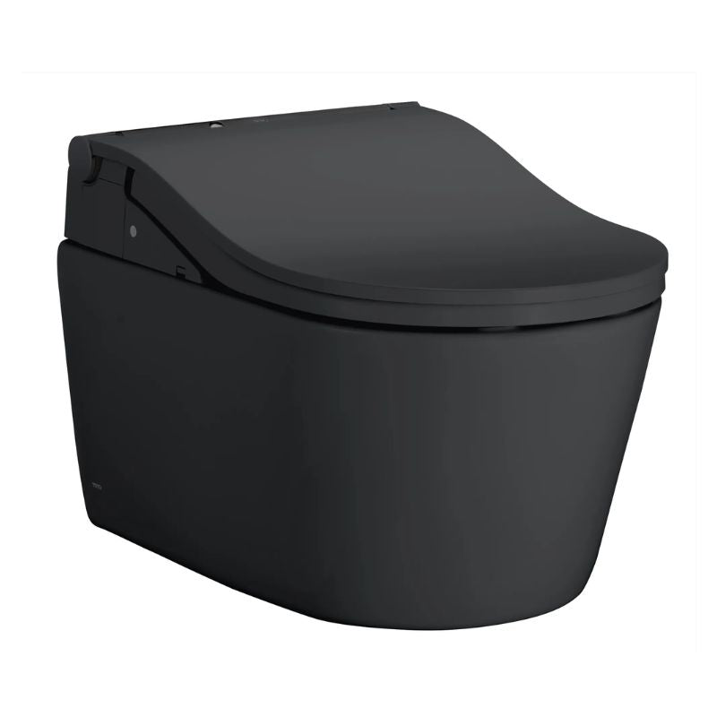 TOTO RP WASHLET+ RW Wall-Hung Toilet - Black toilet bowl with seat on a white background
