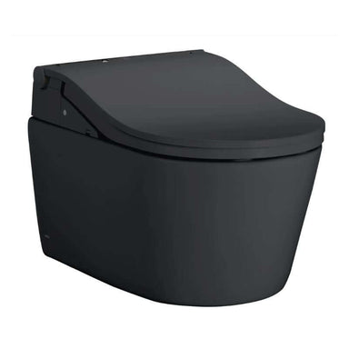 TOTO RP WASHLET+ RW Wall-Hung Toilet - Black toilet bowl with seat on a white background
