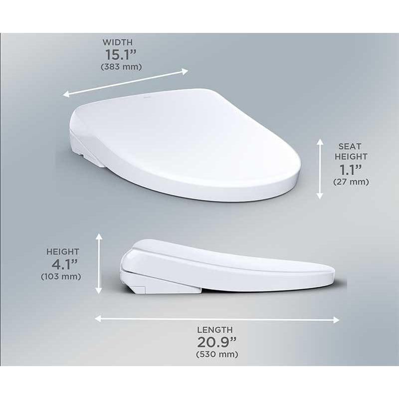 TOTO Washlet S7A Bidet Seat dimensions: width 15.1 inches, length 20.9 inches, seat height 1.1 inches, height 4.1 inches.