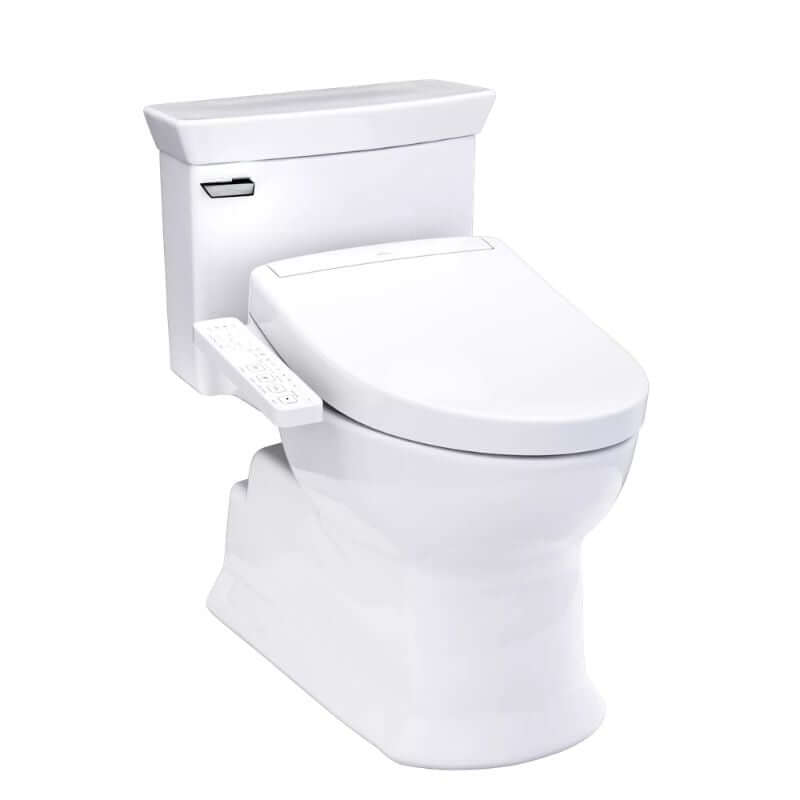 TOTO Soirée WASHLET+ S2 One-Piece Toilet - 1.28 GPF - White toilet with seat cover on a white background
