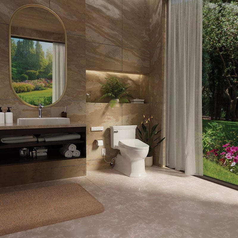 Modern bathroom featuring TOTO Soiree Washlet+ S7 One Piece 1.28 GPF toilet with garden view.