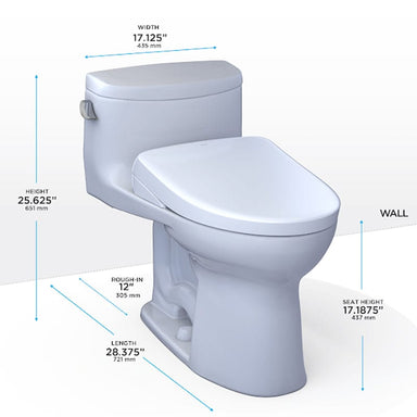 TOTO Supreme II Washlet+ S7 One-Piece toilet with measurements: Height 25.625", Width 17.125", Length 28.375". Modern design.