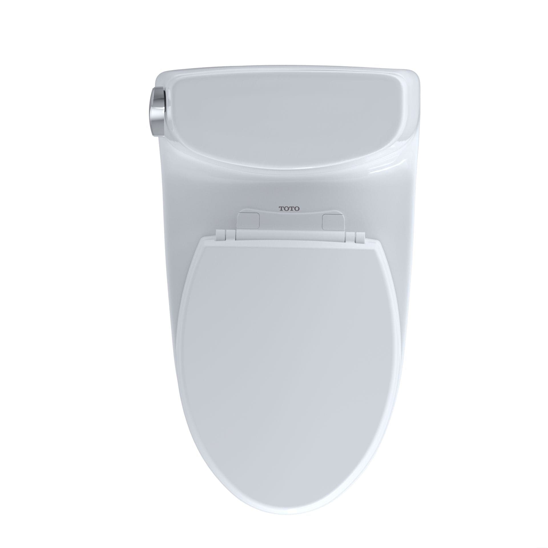 Top view of TOTO Carlyle II One-Piece Toilet, sleek design with 1.28 GPF efficiency, model shown in white finish.