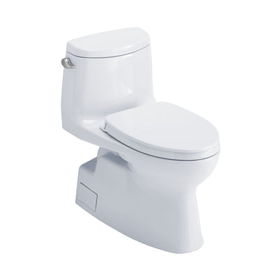 TOTO Carlyle II One-Piece Toilet with elongated skirted bowl, SoftClose seat, chrome trip lever, and powerful TORNADO FLUSH system.