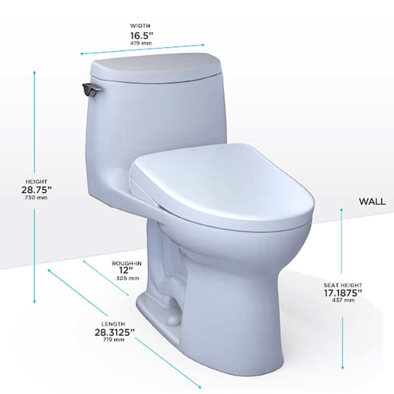 TOTO UltraMax II 1G Washlet + S7 One-Piece - White toilet with dimensions labeled on a white background