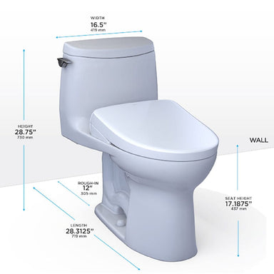 TOTO UltraMax II 1G Washlet + S7 One-Piece Toilet with measurements including width, height, and seat height dimensions.