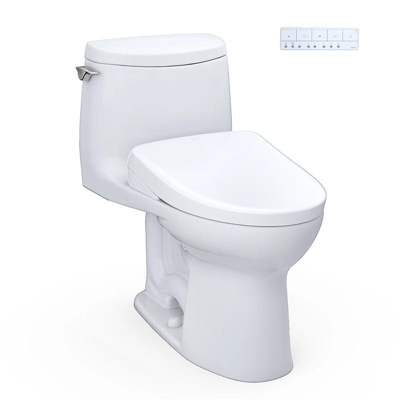 TOTO UltraMax II 1G Washlet+ S7A One-Piece 1.0 GPF toilet with remote control displayed on side, showcasing modern white design.