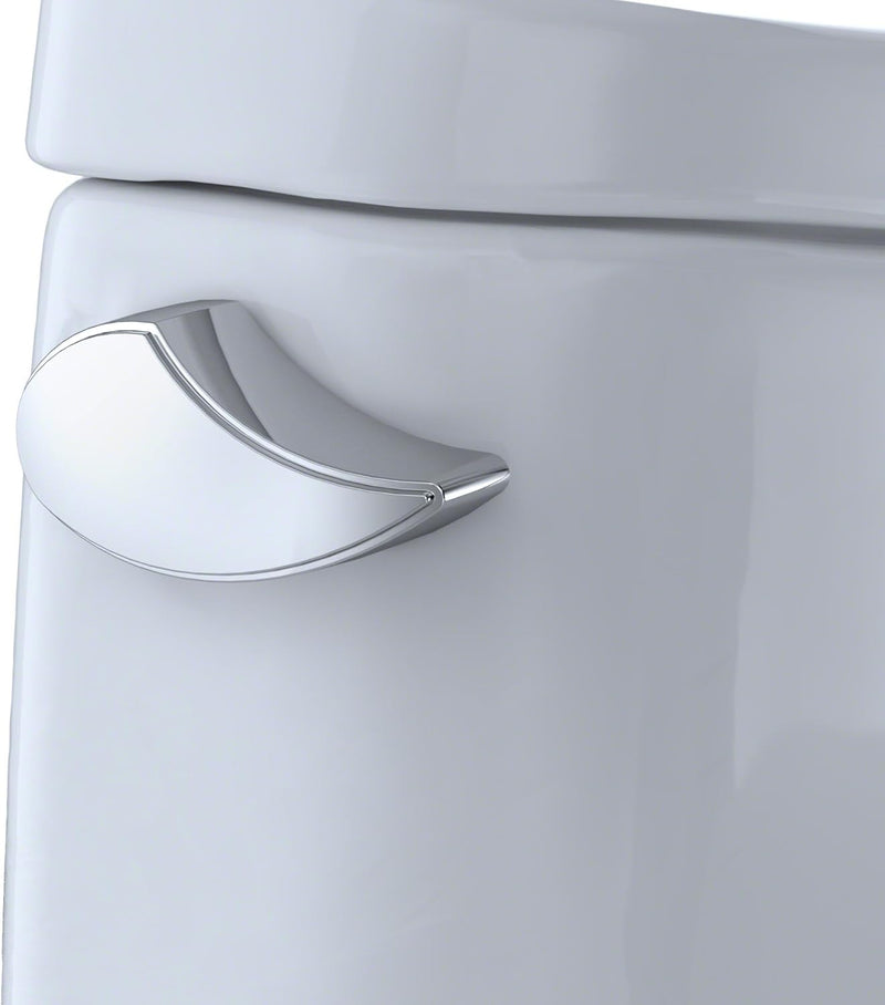 TOTO Ultramax II One-Piece - Close-up of a toilet tank with a chrome flush handle on a white background