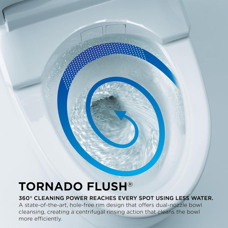 TOTO Ultramax II One-Piece - Close-up of a toilet bowl with Tornado Flush technology and swirling water pattern.