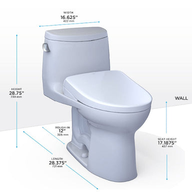 TOTO UltraMax II Washlet+ S7A toilet with dimensions and measurements displayed