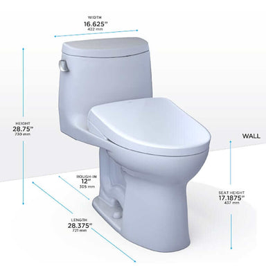TOTO UltraMax II Washlet+ S7A One Piece - White toilet with dimensions labeled on a white background