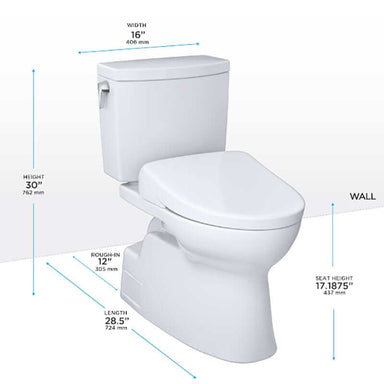 TOTO Vespin II 1G Washlet + S7 Two-Piece - White toilet with dimensions labeled on a white background